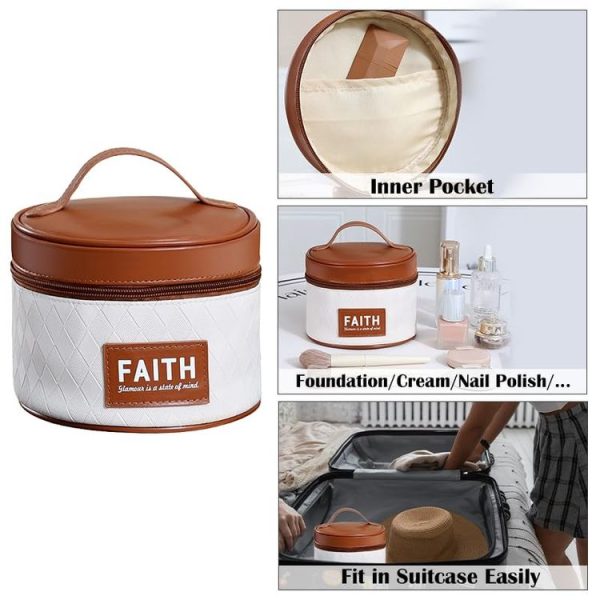 Handheld PU Barrel Cosmetic Bag Cosmetic Storage Bag Travel Toiletry Bag (Brown) - Image 4