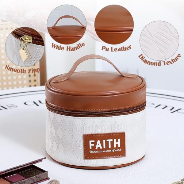 Handheld PU Barrel Cosmetic Bag Cosmetic Storage Bag Travel Toiletry Bag (Brown) - Image 5