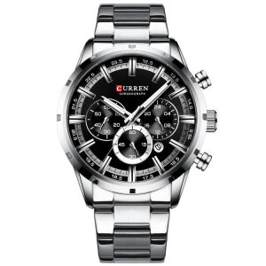 Curren M8355 Men Watch Waterproof Quartz Six Stitches Calendar Steel Belt Business Watch (White Shell Black)