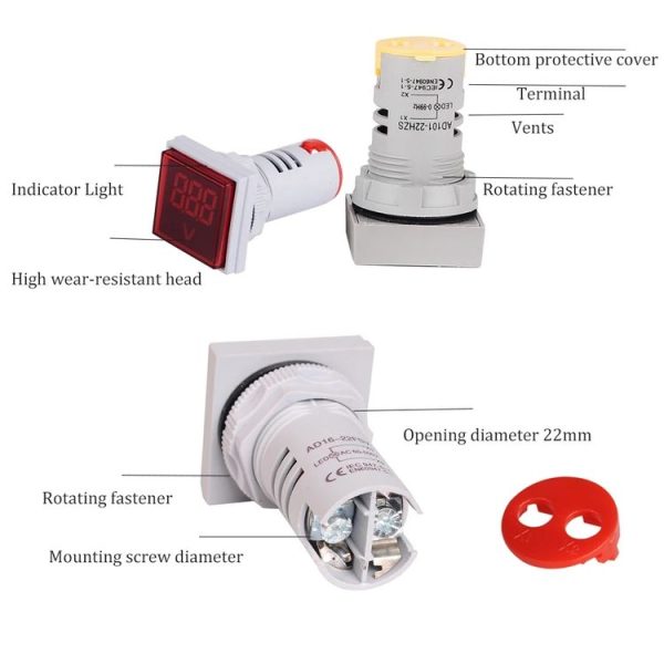 SINOTIMER ST17V AC Voltage Signal Indicator 22mm Square LED Digital Display Voltage Head AC 60-500V (01 Red) - Image 3