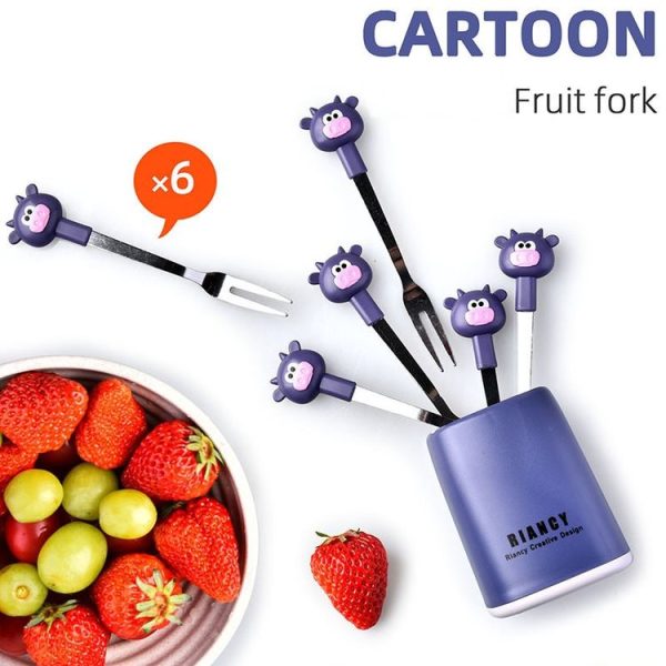 7 In 1 Household Cartoon Stainless Steel Fruit Fork Restaurant Cake Snack Cookie Forks (RB573 Calf Blue Purple) - Image 3
