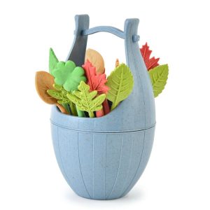 16pcs Fruit Forks + 1pc Barrel Mini Wheat Fiber Material Tableware Set Snack Dessert Forks (Blue)