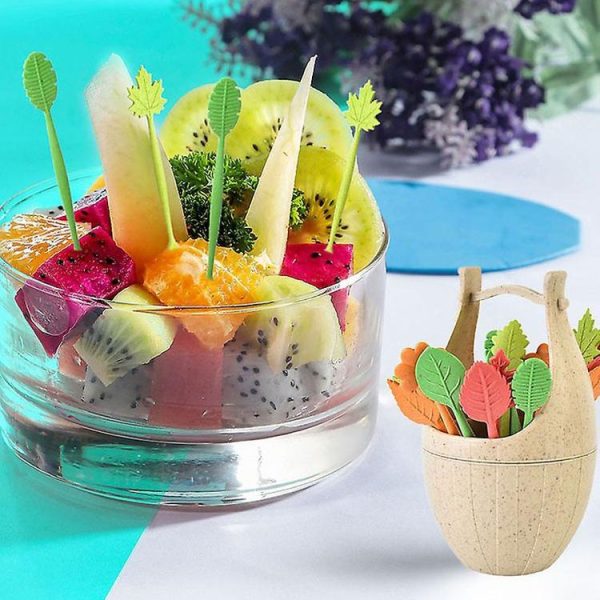 16pcs Fruit Forks + 1pc Barrel Mini Wheat Fiber Material Tableware Set Snack Dessert Forks (Blue) - Image 2