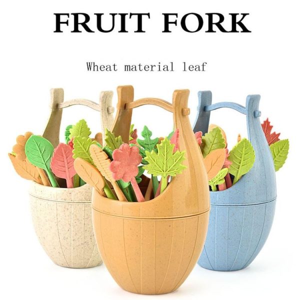 16pcs Fruit Forks + 1pc Barrel Mini Wheat Fiber Material Tableware Set Snack Dessert Forks (Blue) - Image 3