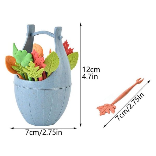 16pcs Fruit Forks + 1pc Barrel Mini Wheat Fiber Material Tableware Set Snack Dessert Forks (Blue) - Image 4