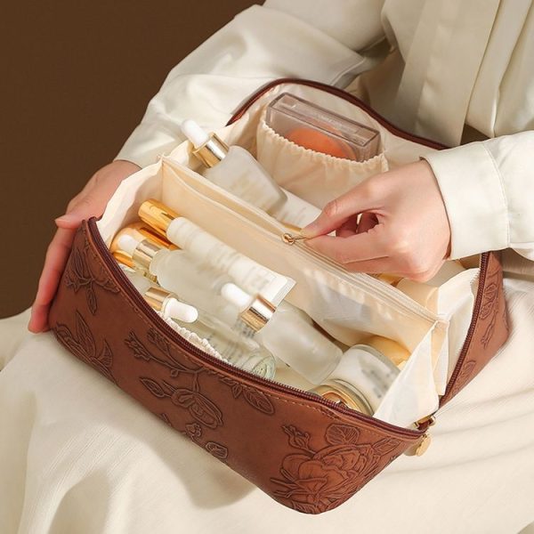 Retro PU Leather Cosmetic Bag Travel Toiletries Storage Bag (Beige) - Image 8