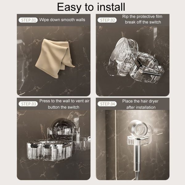Hair Dryer Storage Rack Bathroom Wall Mounted Suction Cup Swivel Organizing Bracket (Transparent Gray Silver) - Image 9
