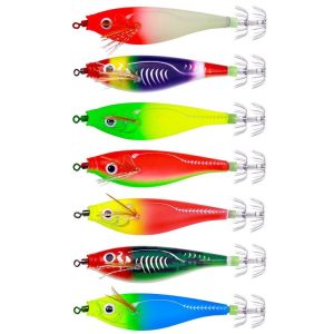 7colors / Set HENGJIA SJ051 Luminous Wooden Shrimp Dummy Bait Squid Hook Hard Bait, Size: 9.5cm 10g