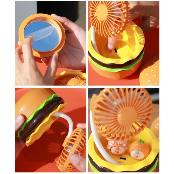 Hamburger Shaped Mini Desktop Fan with Cosmetic Mirror (Yellow) - Image 4