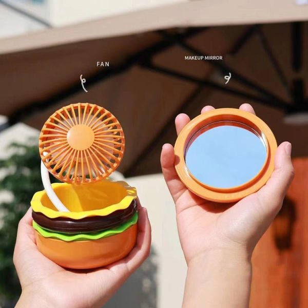 Hamburger Shaped Mini Desktop Fan with Cosmetic Mirror (Yellow) - Image 5