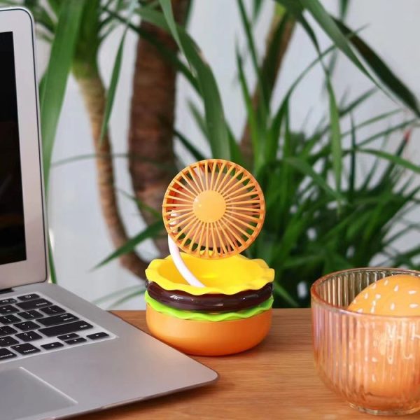 Hamburger Shaped Mini Desktop Fan with Cosmetic Mirror (Yellow) - Image 7