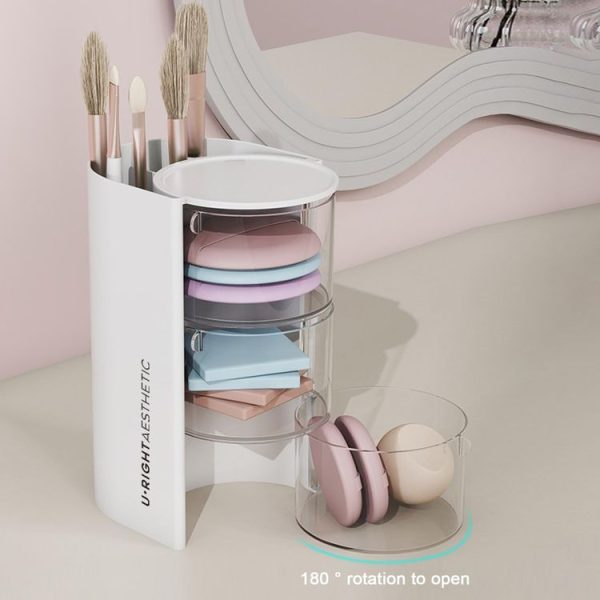 Desktop Powder Puff Storage Box Dust-proof Rotating Makeup Brush Storage Bucket, Color: A Model - Image 3
