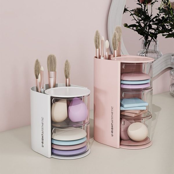 Desktop Powder Puff Storage Box Dust-proof Rotating Makeup Brush Storage Bucket, Color: A Model - Image 7