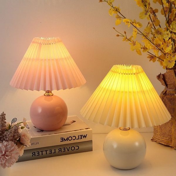 Table Lamp Shade Pleated KD Bedside Fabric Woven Lampshade Bedroom Floor Lamp Housing (Apricot) - Image 2