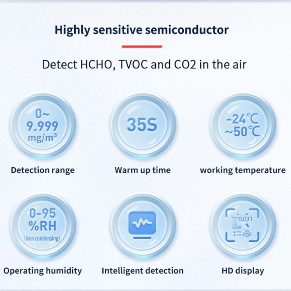 5 In 1 Air Quality Monitor TVOC HCHO CO2 Detector Temperature Humidity Tester (Black) - Image 3