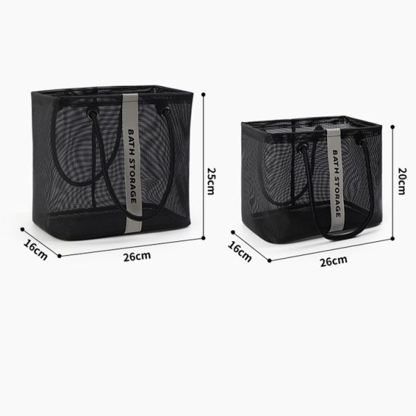 Mesh Toiletry Bag Basket Drainable Bath Bag Foldable Large Open Tote Bag Long Black - Image 3