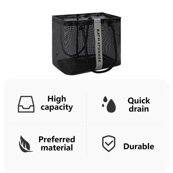 Mesh Toiletry Bag Basket Drainable Bath Bag Foldable Large Open Tote Bag Long Black - Image 4