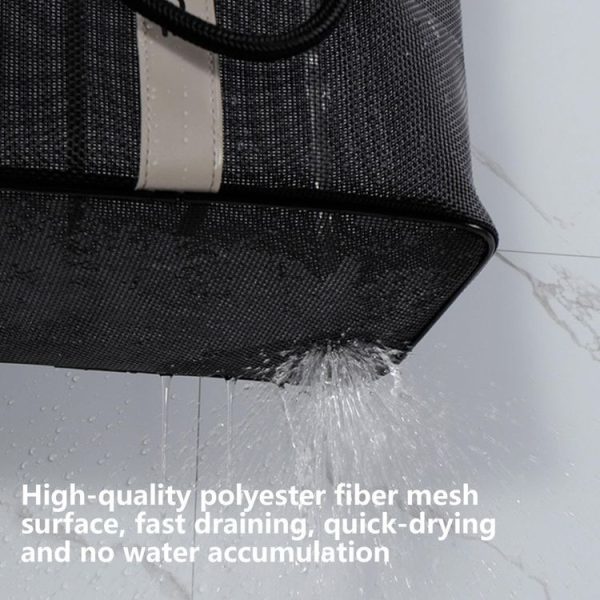 Mesh Toiletry Bag Basket Drainable Bath Bag Foldable Large Open Tote Bag Long Black - Image 6