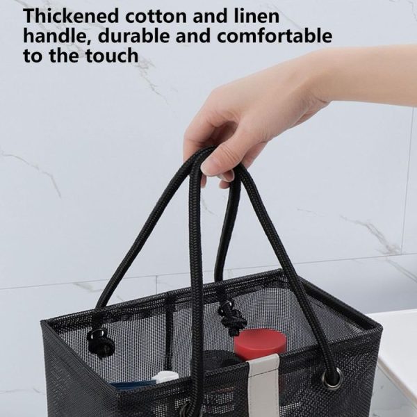 Mesh Toiletry Bag Basket Drainable Bath Bag Foldable Large Open Tote Bag Long Black - Image 7