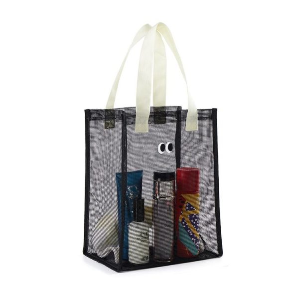 Mesh Portable Beach Bag with Cute Eyes Swimming Toiletry Storage Packet (Black)