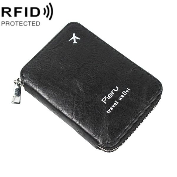 RFID Anti-theft Large Capacity Zipper Passport Bag Multifunctional Travel Document Storage Bag (Black)