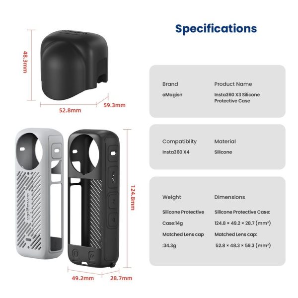 Insta360 X4 AMagisn Silicone Protective Cover Body Case + Lens Cover Black - Image 14