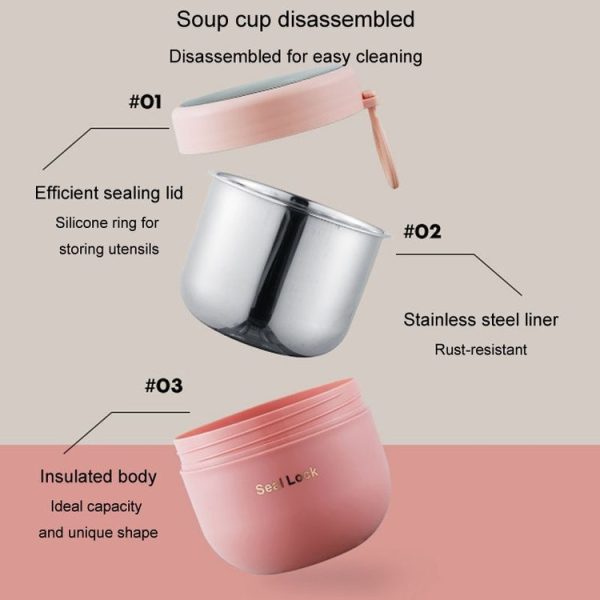 304 Stainless Steel Insulated Soup Bowl Oatmeal Breakfast Cup Portable Lunch Box, Color: 600ml Pink - Image 3
