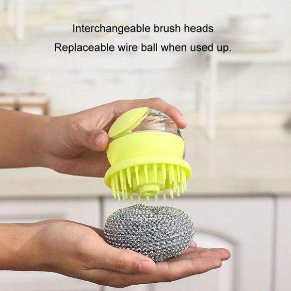 Kitchen Press Stain Removal Brush With Soap Dispenser Descaling Cleaning Pot Brush (Grey) - Image 4