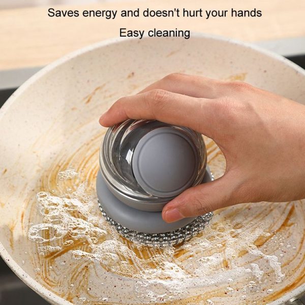 Kitchen Press Stain Removal Brush With Soap Dispenser Descaling Cleaning Pot Brush (Grey) - Image 8