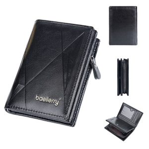 Baellerry D3213 Retro Leather Short Wallet Multi-card Slot Zipper Card Holder (Black)