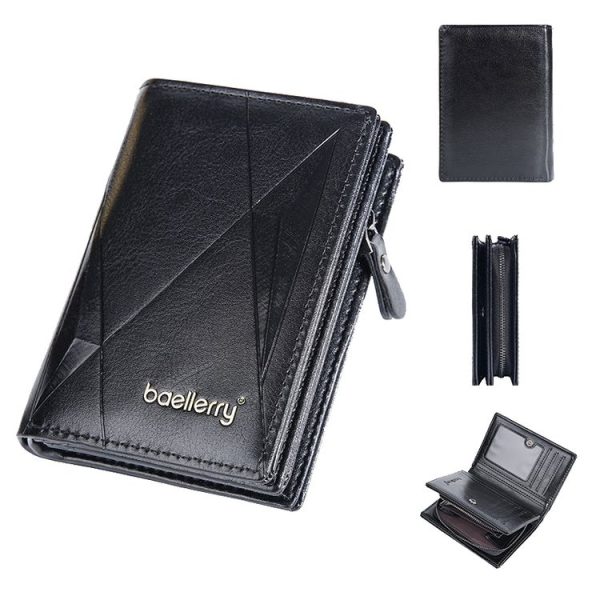 Baellerry D3213 Retro Leather Short Wallet Multi-card Slot Zipper Card Holder (Black)