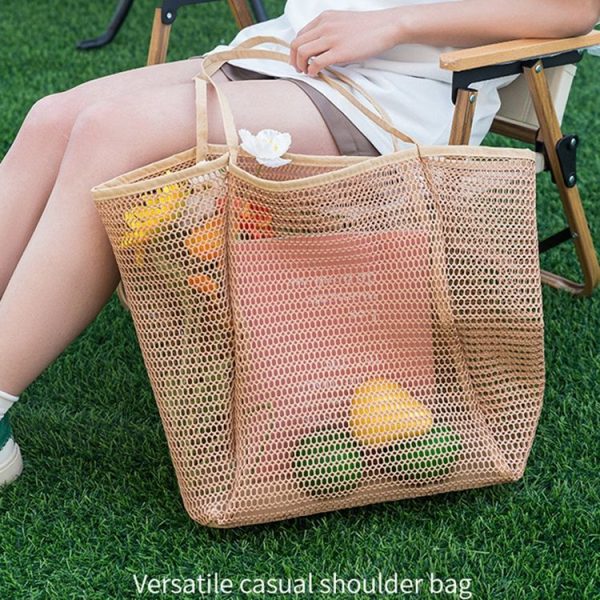Folding Beach Bag Mesh Tote Handbag Women Shoulder Bag (Khaki) - Image 10
