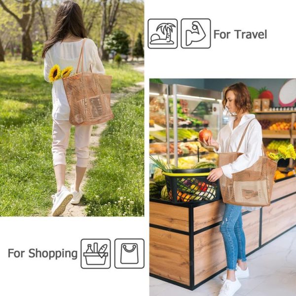 Folding Beach Bag Mesh Tote Handbag Women Shoulder Bag (Khaki) - Image 11