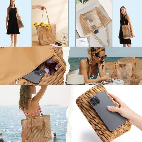 Folding Beach Bag Mesh Tote Handbag Women Shoulder Bag (Khaki) - Image 12