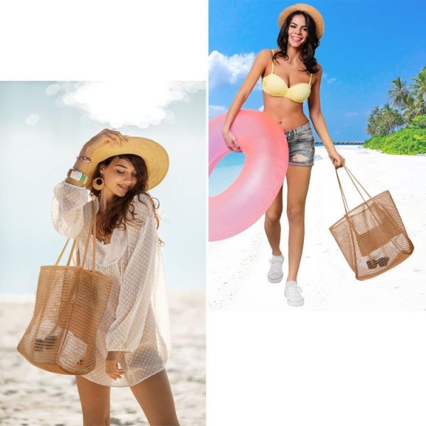 Folding Beach Bag Mesh Tote Handbag Women Shoulder Bag (Khaki) - Image 2