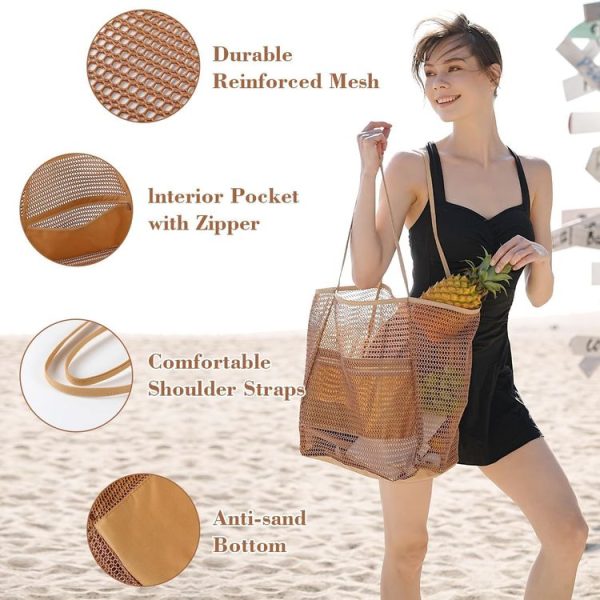 Folding Beach Bag Mesh Tote Handbag Women Shoulder Bag (Khaki) - Image 3