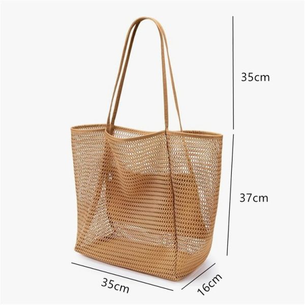 Folding Beach Bag Mesh Tote Handbag Women Shoulder Bag (Khaki) - Image 4