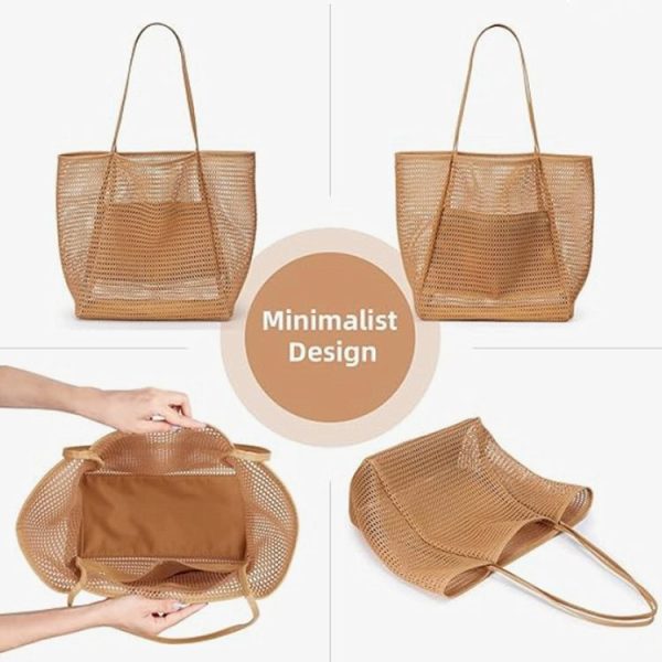 Folding Beach Bag Mesh Tote Handbag Women Shoulder Bag (Khaki) - Image 5