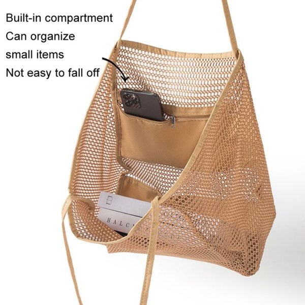 Folding Beach Bag Mesh Tote Handbag Women Shoulder Bag (Khaki) - Image 6