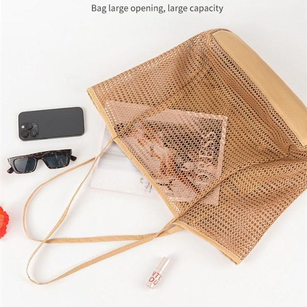 Folding Beach Bag Mesh Tote Handbag Women Shoulder Bag (Khaki) - Image 7