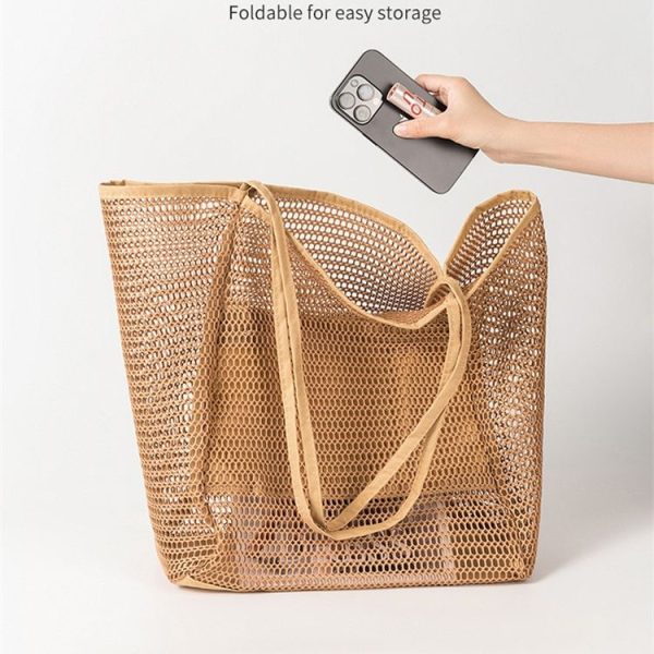 Folding Beach Bag Mesh Tote Handbag Women Shoulder Bag (Khaki) - Image 8