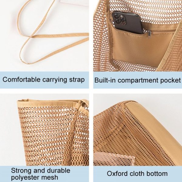 Folding Beach Bag Mesh Tote Handbag Women Shoulder Bag (Khaki) - Image 9