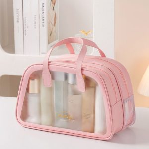 PU Dry And Wet Separation Washing Bag Double Layer Large Capacity Handheld Cosmetic Bag, Color: Pink Large