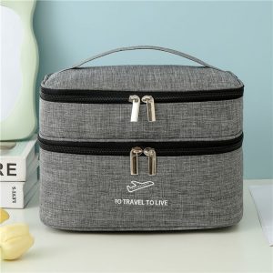 Cationic Double Layer Cosmetic Bag Large Capacity Handheld Wash Bag Thickened Waterproof Travel Storage Bag (Grey)