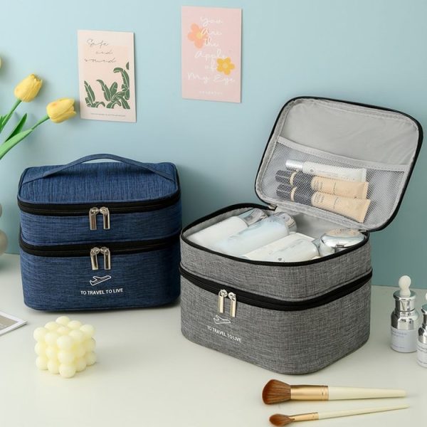 Cationic Double Layer Cosmetic Bag Large Capacity Handheld Wash Bag Thickened Waterproof Travel Storage Bag (Grey) - Image 2