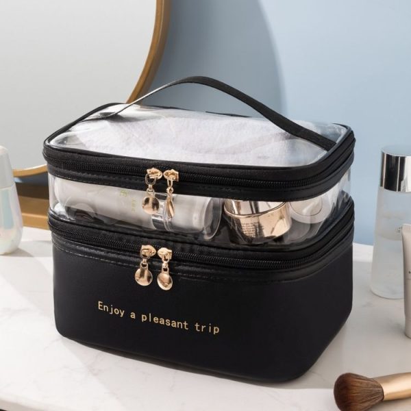 Double Layer Cosmetic Bag PU Transparent Waterproof Travel Portable Large Capacity Storage Bag (Black)