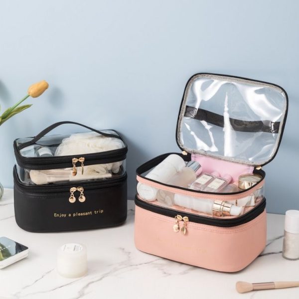 Double Layer Cosmetic Bag PU Transparent Waterproof Travel Portable Large Capacity Storage Bag (Black) - Image 2