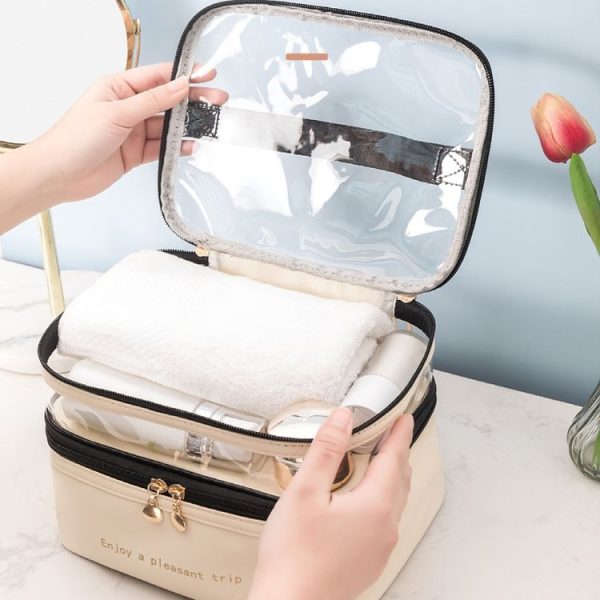 Double Layer Cosmetic Bag PU Transparent Waterproof Travel Portable Large Capacity Storage Bag (Black) - Image 5