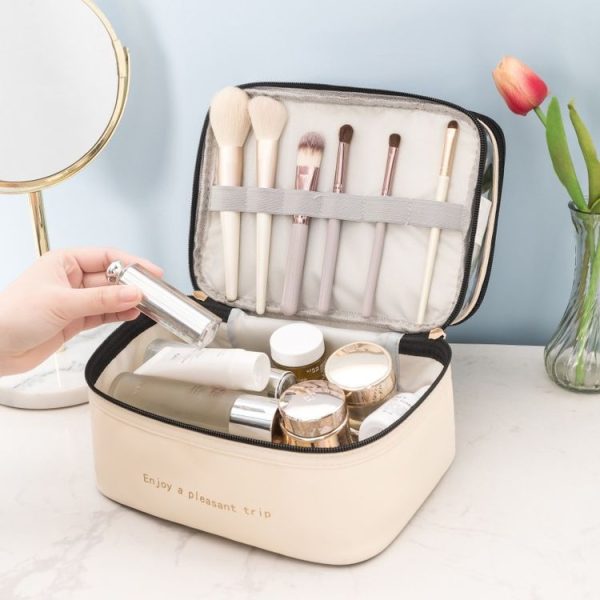 Double Layer Cosmetic Bag PU Transparent Waterproof Travel Portable Large Capacity Storage Bag (Black) - Image 6