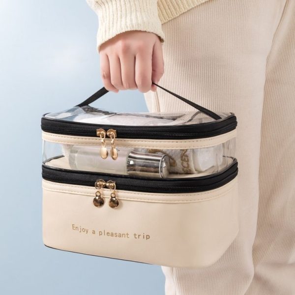 Double Layer Cosmetic Bag PU Transparent Waterproof Travel Portable Large Capacity Storage Bag (Black) - Image 7